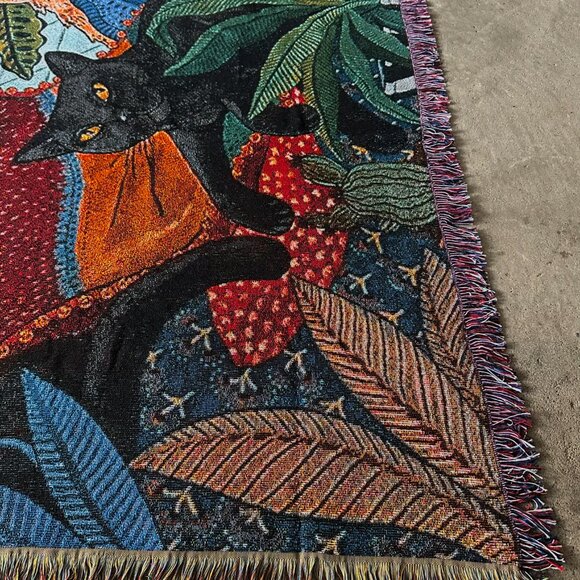 Botanical Cat Woven Tapestry Blanket – Vintage Jungle Home Decor (50x60”) - Picture 2 of 6